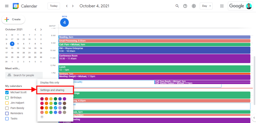 How to merge multiple google calendar, How to share your Google Calendar; Click on the Settings and Sharing option.