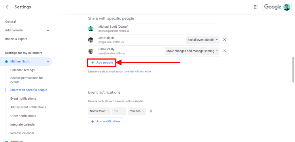 how to merge multiple google calendars, How to share your Google Calendar; Step 4: Select “Add People”, write their email address, and set the permissions.