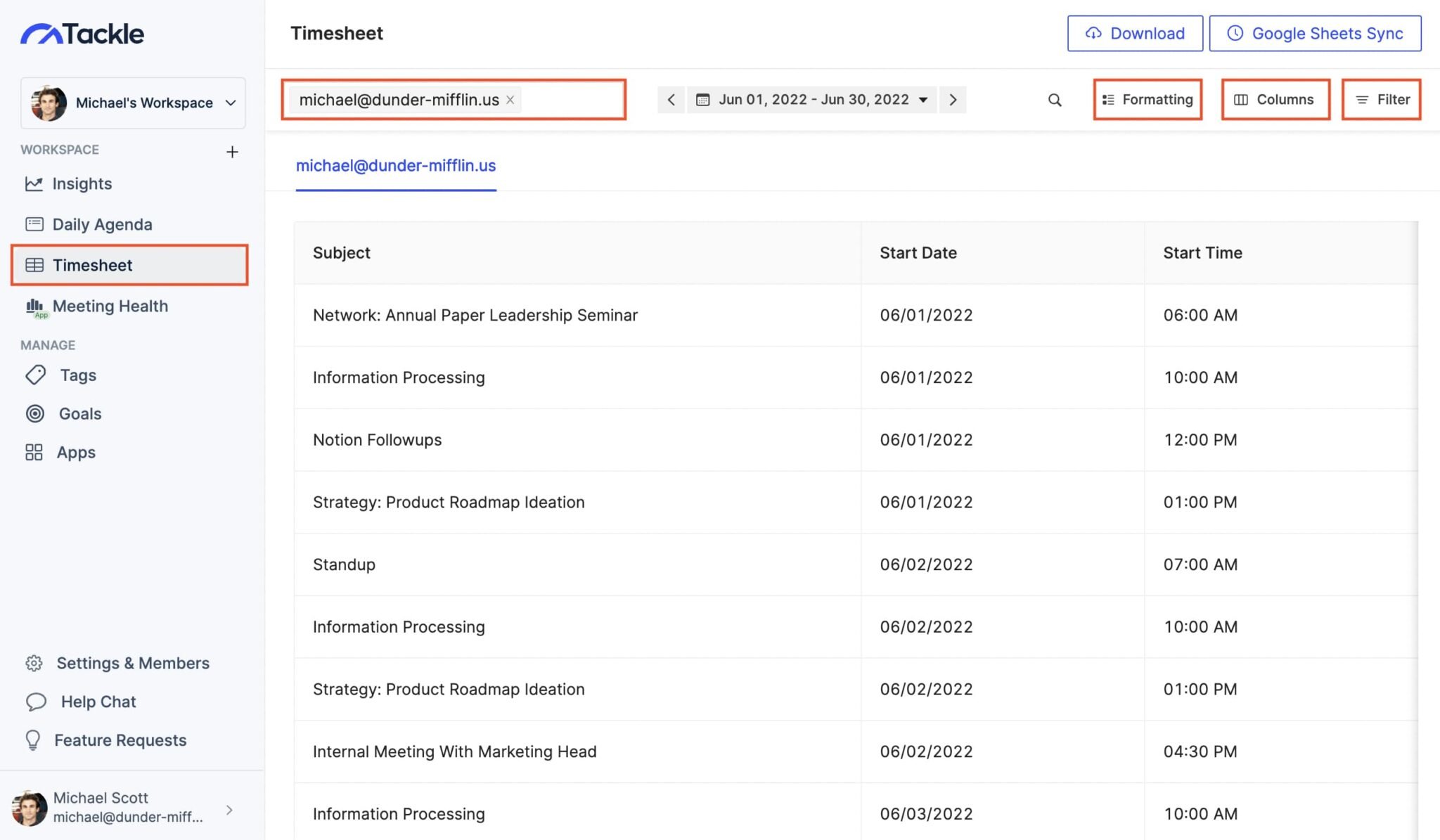 Export Google calendar to Google sheets Tackle