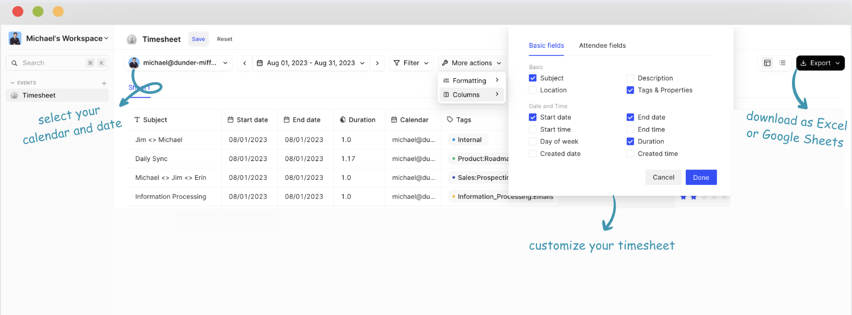 how to export google calendar to excel