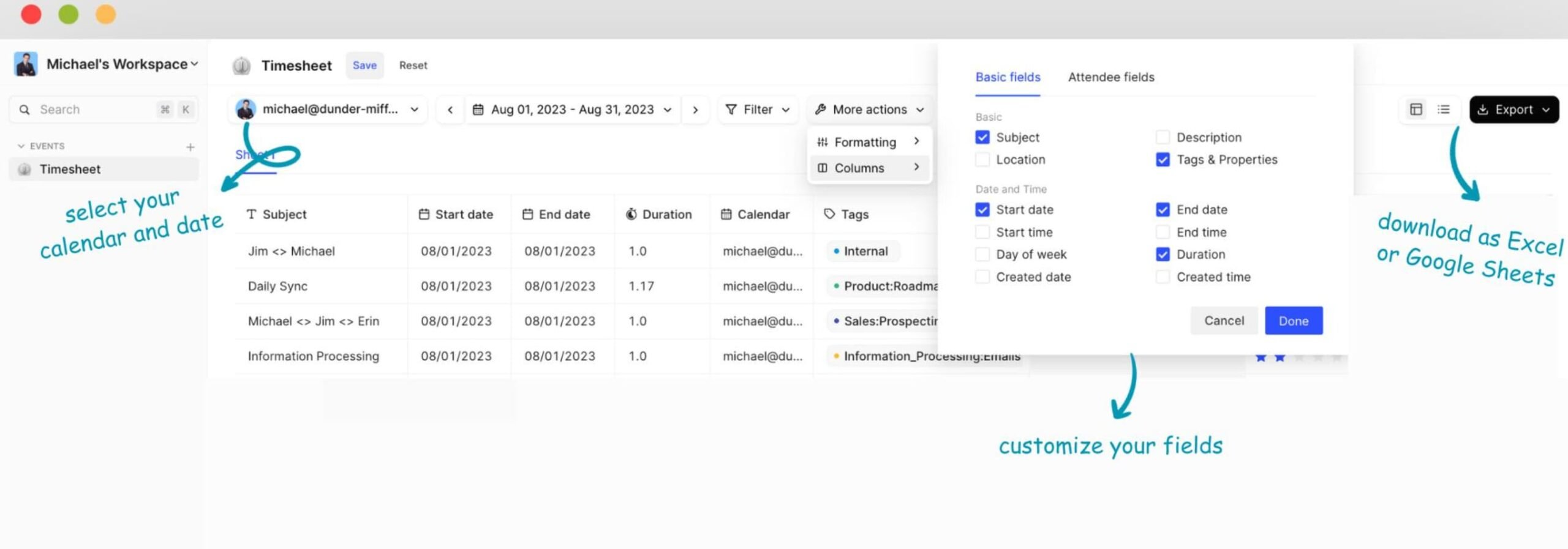 Tips on how to export google calendar to excel or spreadsheets.