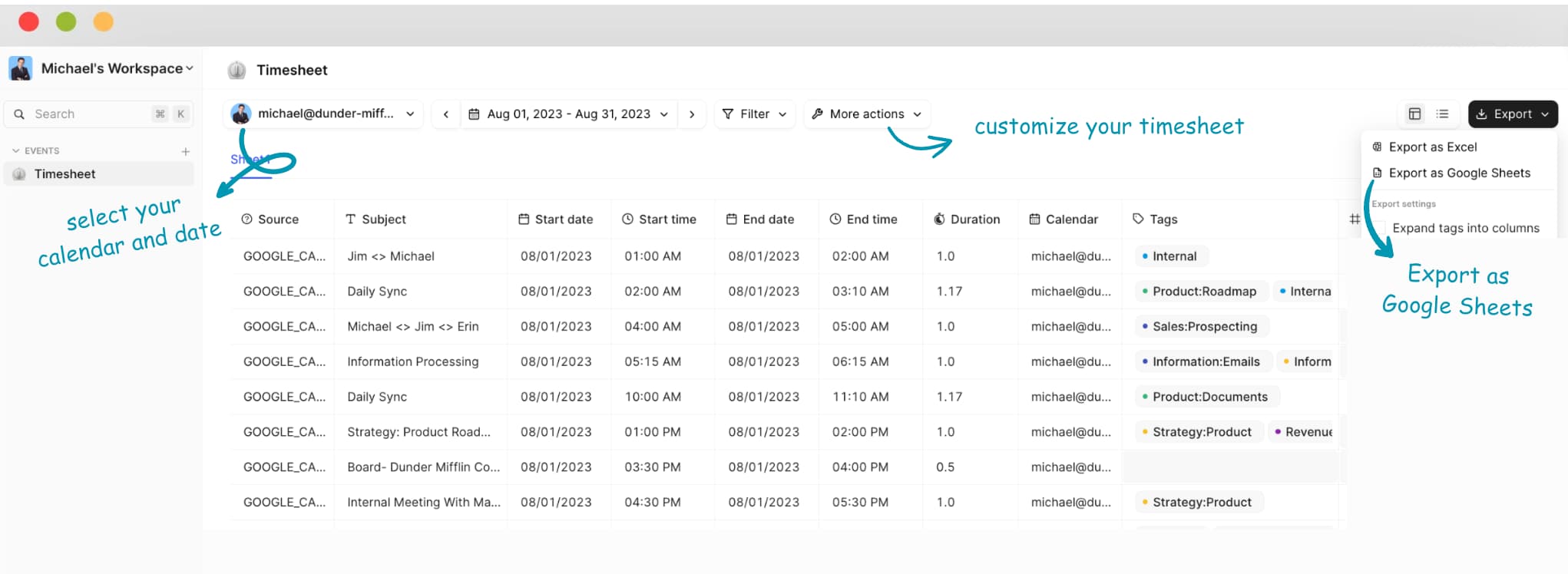 Sync google calendar to google sheets