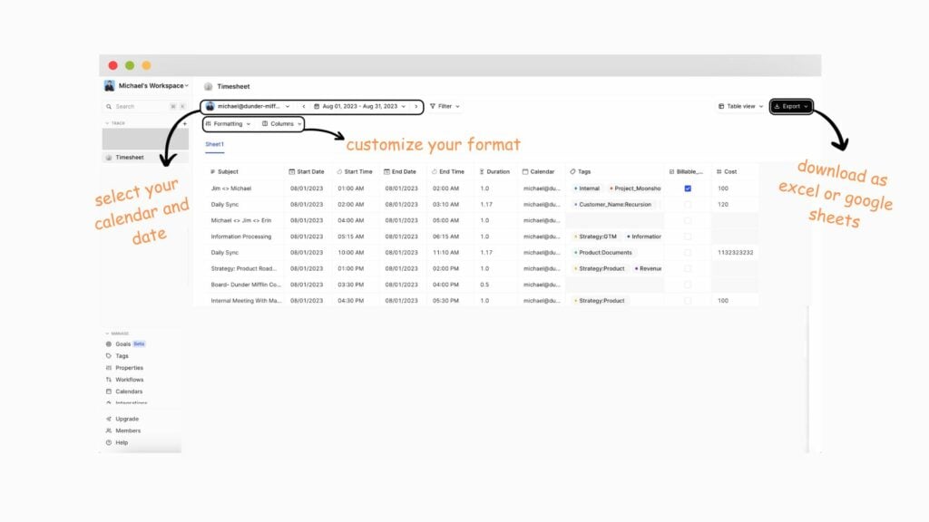 How to export your calendar to excel using Tackle