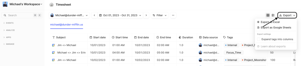 Export google calendar to excel or spreadsheets