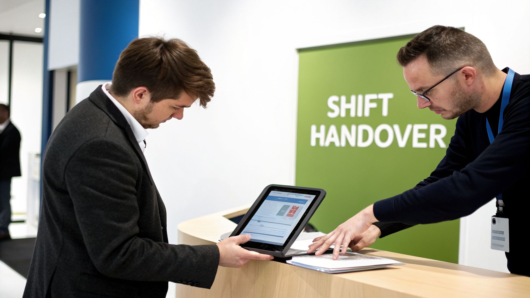 Two men at a reception counter, one engaging with a tablet and the other reviewing documents.