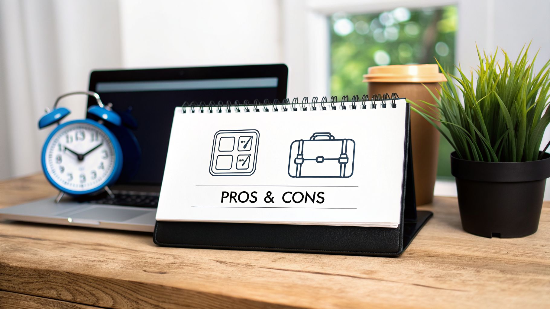 A desk with a laptop, an alarm clock, and a calendar displaying 'PROS & CONS' with icons.