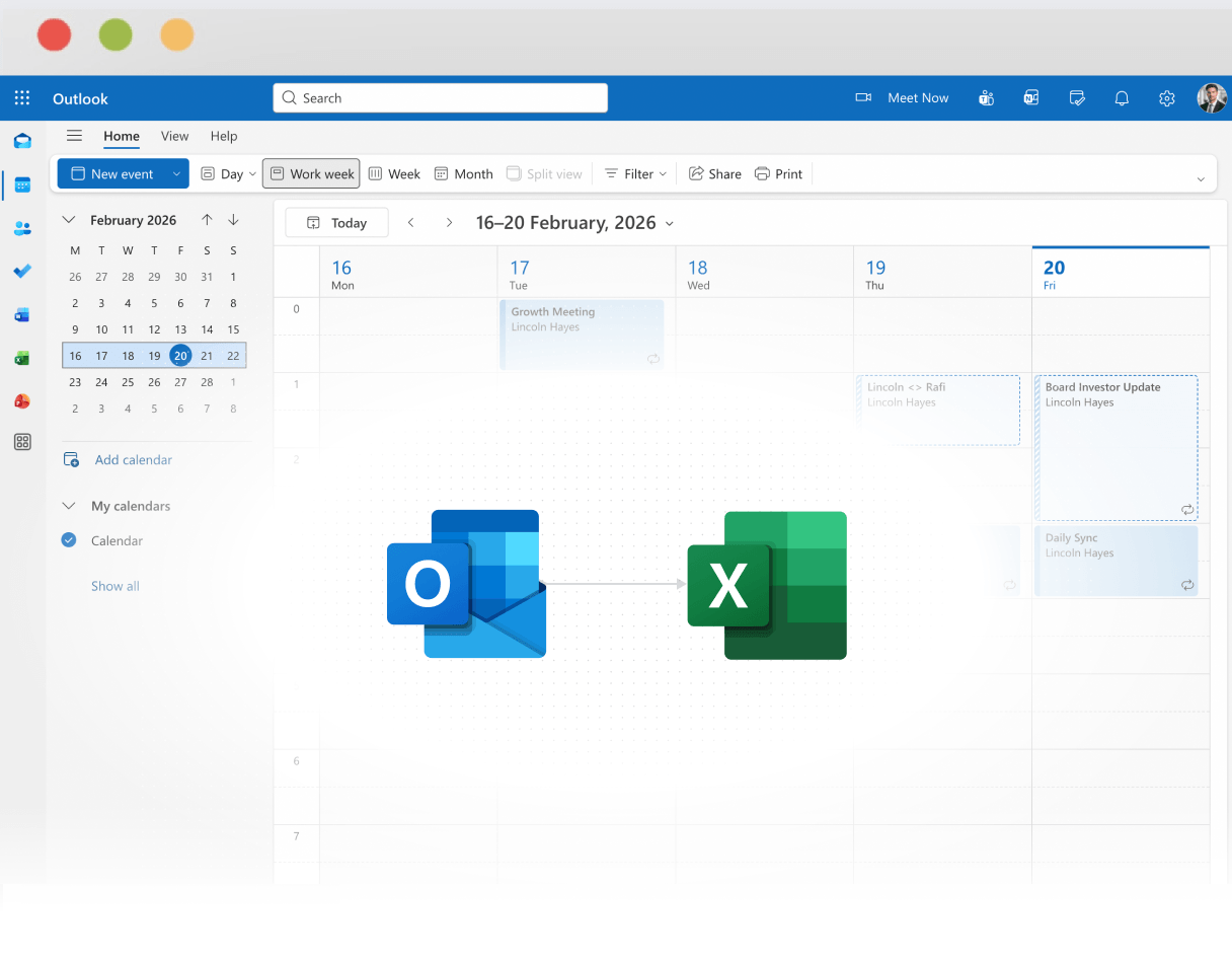 Export Outlook Calendar to Excel spreadsheet using Tackle