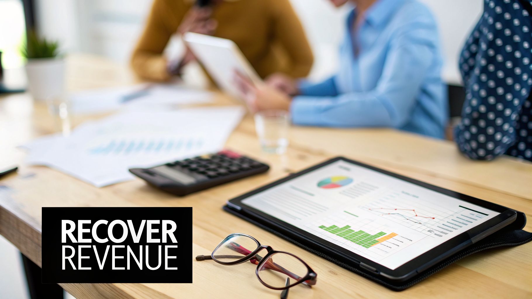 Business meeting with a tablet displaying financial data, charts, and graphs for revenue recovery.
