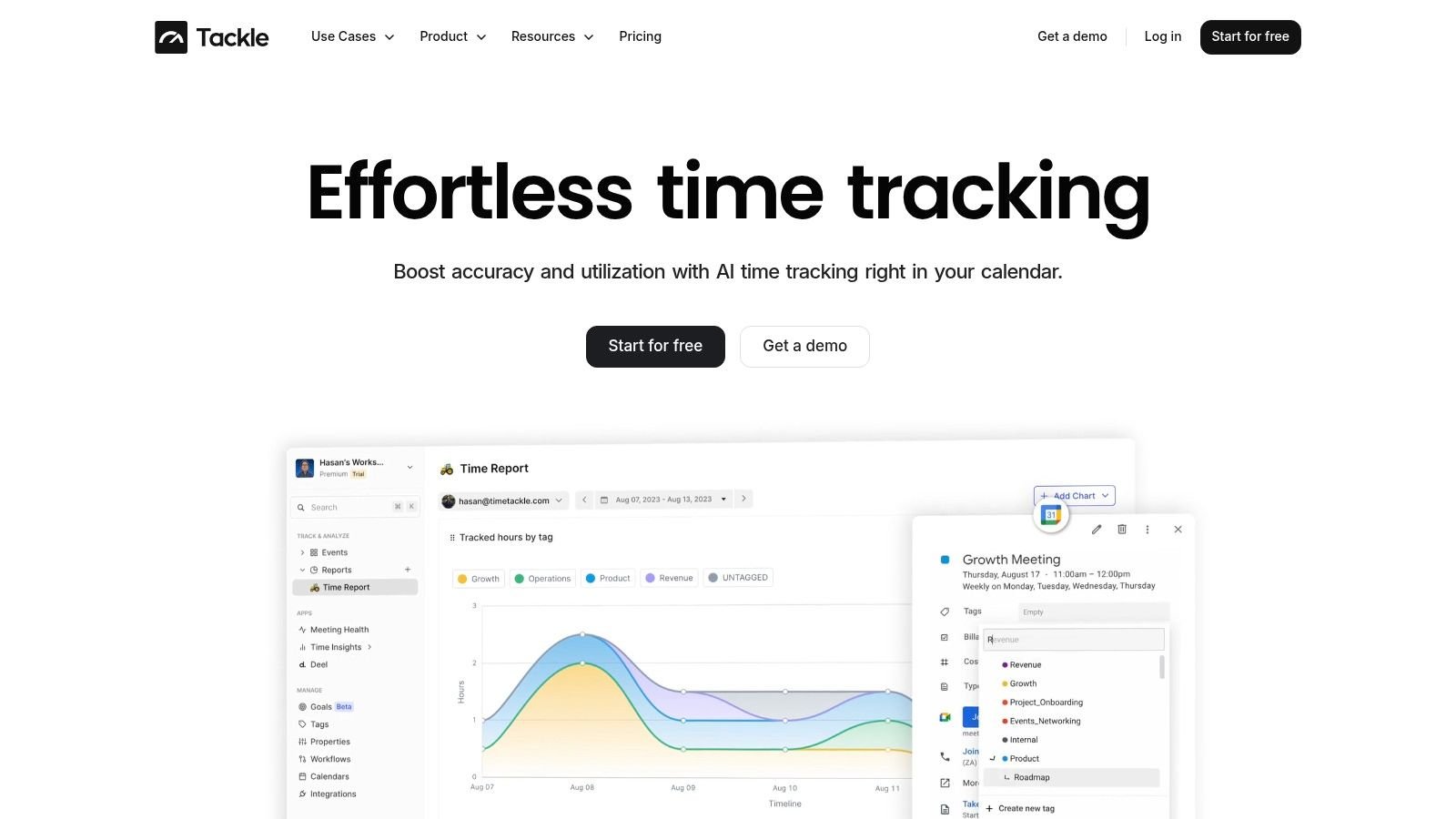 TimeTackle dashboard showing calendar-based time tracking and analytics.