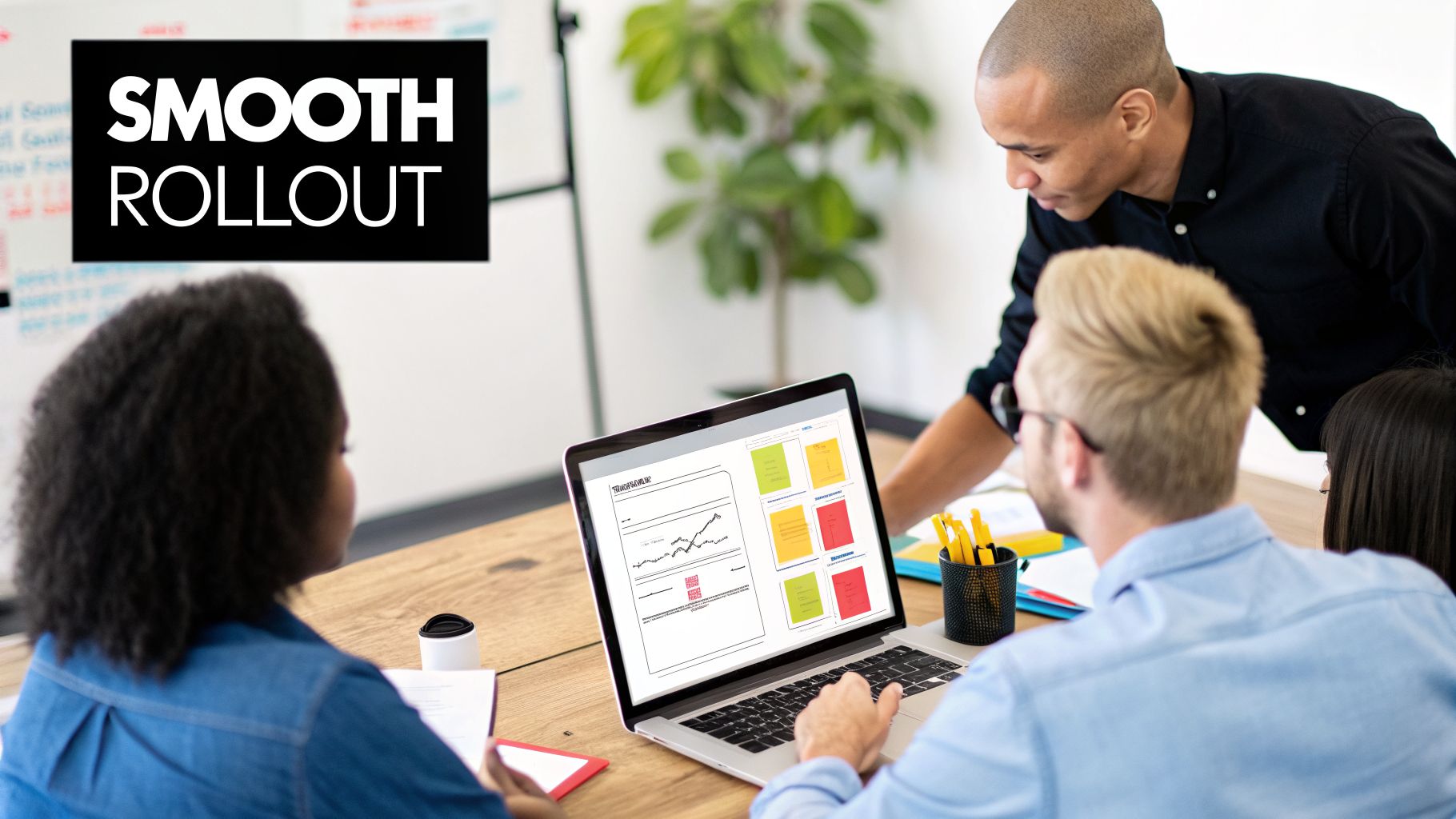 Three diverse colleagues collaborate around a laptop in a modern office, discussing a smooth rollout.