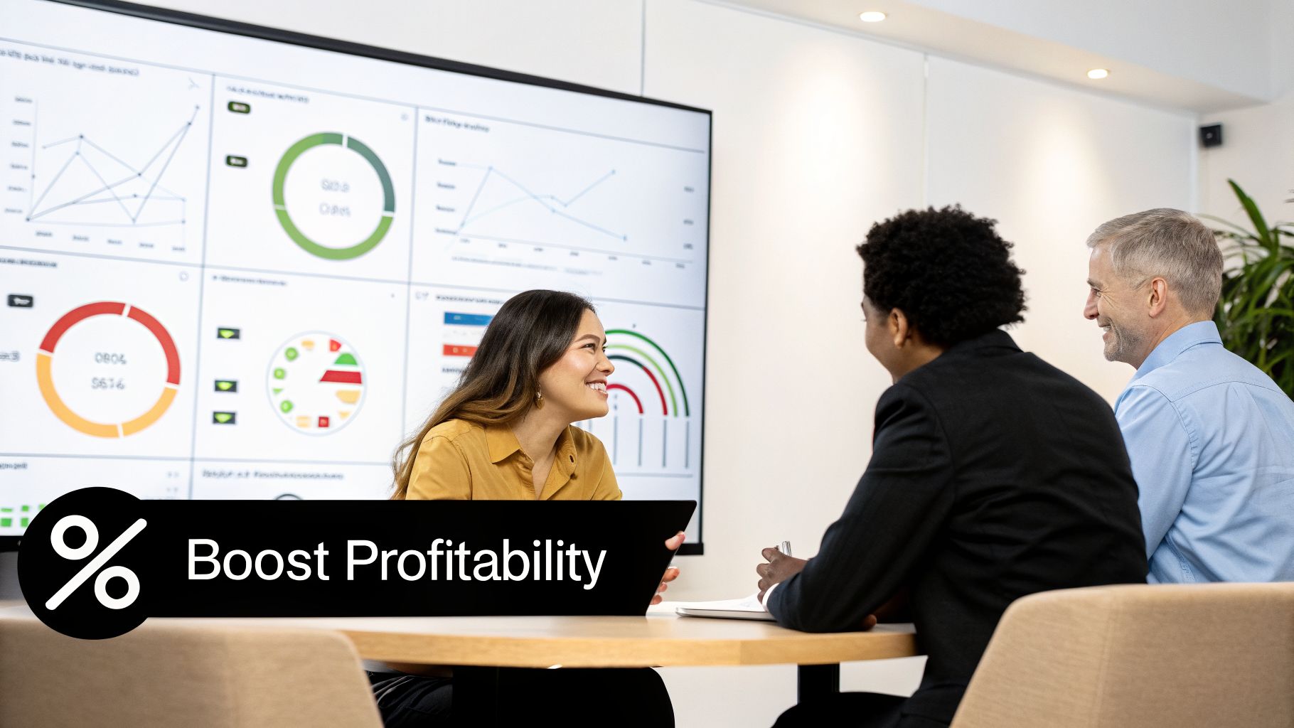 Diverse business team discusses data on a large screen to boost profitability.