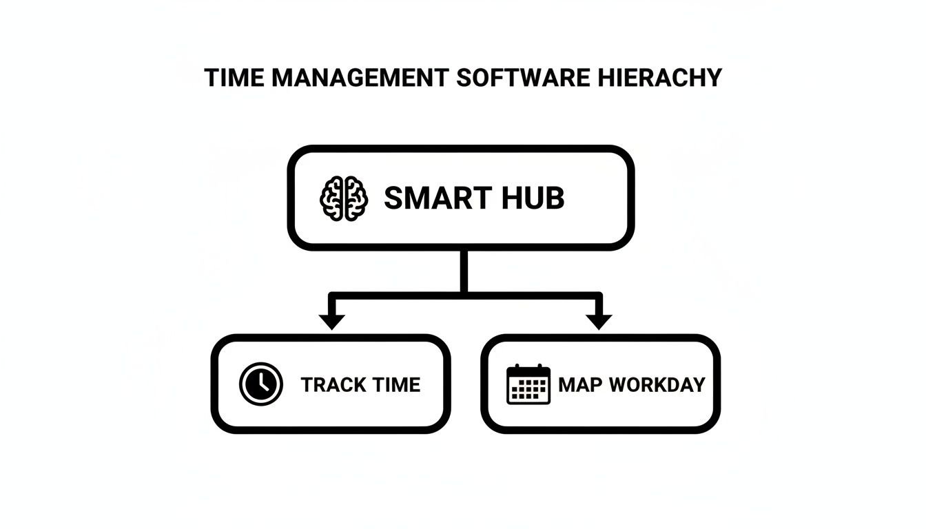 Time management software hierarchy diagram with Smart Hub connecting to Track Time and Map Workday.