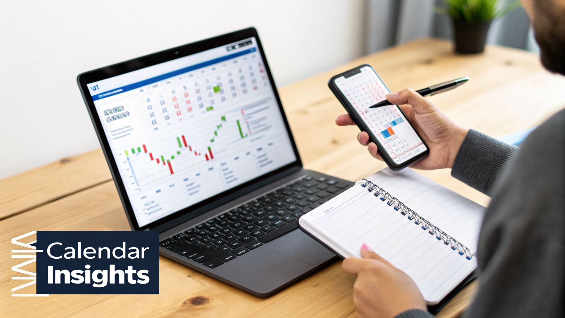 Person analyzing data and managing schedule on a laptop, smartphone calendar, and notebook.