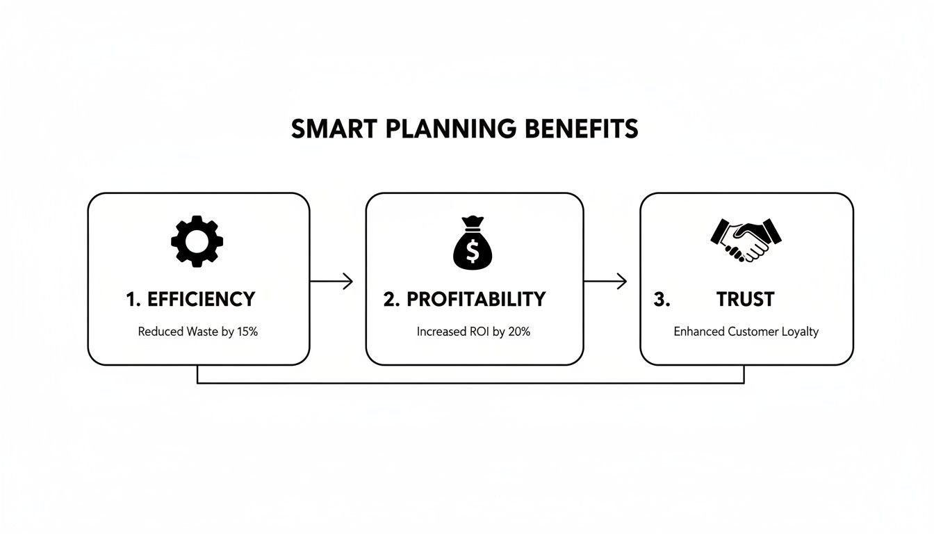 Flowchart illustrating SMART planning benefits: Efficiency, Profitability, and Trust, leading to improved outcomes.