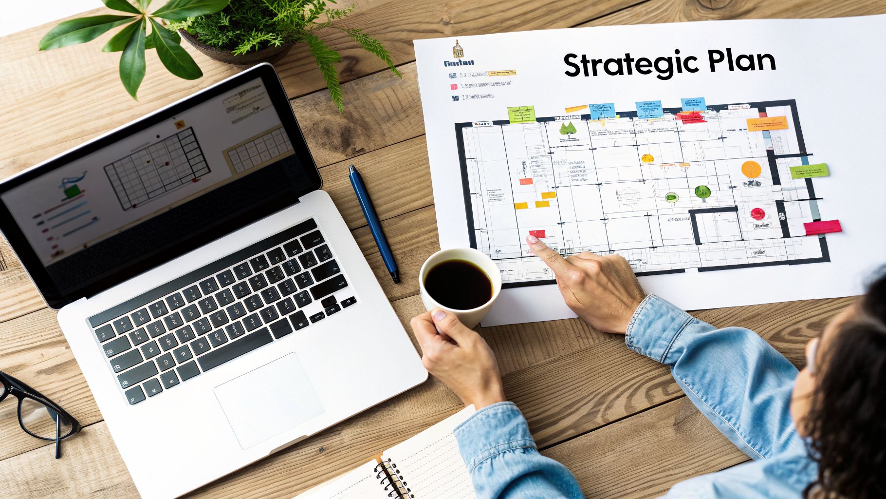 Person pointing at a strategic plan document with a laptop and coffee on a wooden table.