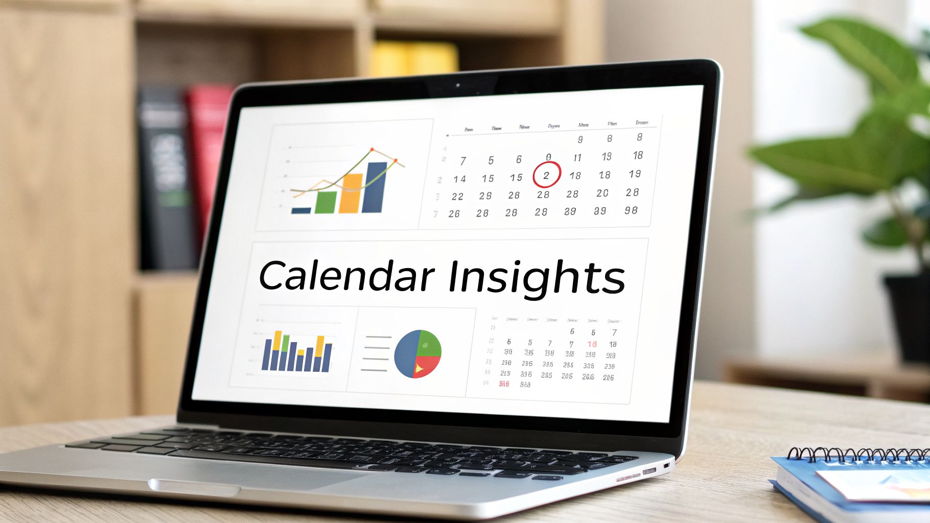 Laptop on a wooden desk displaying 'Calendar Insights' with various charts and a calendar.