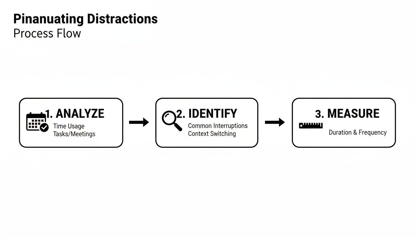A three-step process flow for pinaanuating distractions: Analyze, Identify, and Measure.