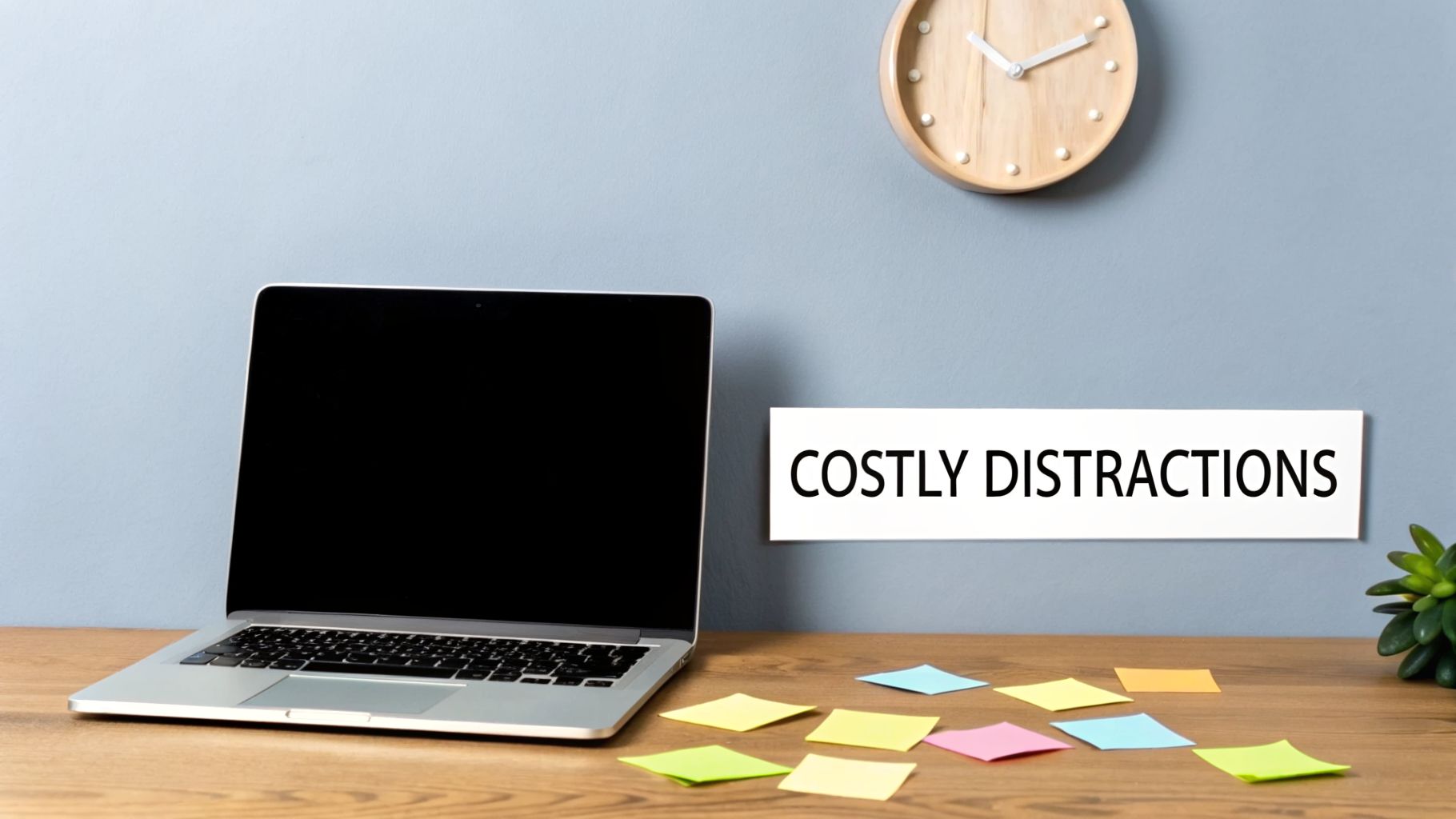 A laptop on a wooden desk with scattered colorful sticky notes and a wall clock, next to a sign saying 'Costly Distractions'.