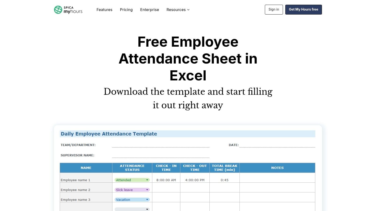 My Hours – Free Employee Attendance Sheet (Excel)
