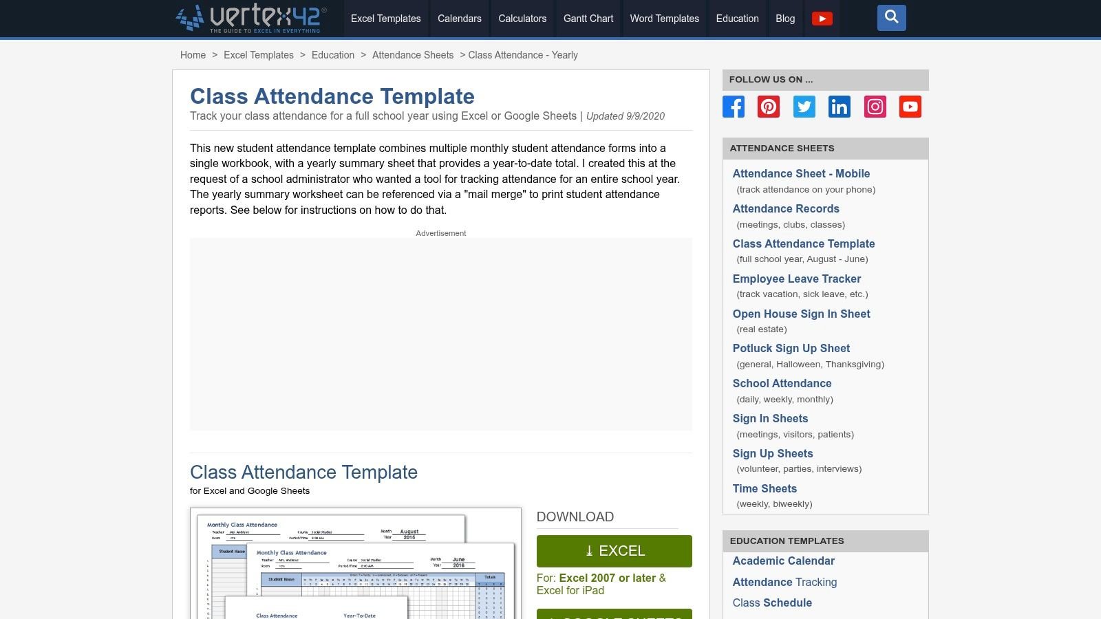 Vertex42 – Class Attendance (Full School Year) and Attendance Record