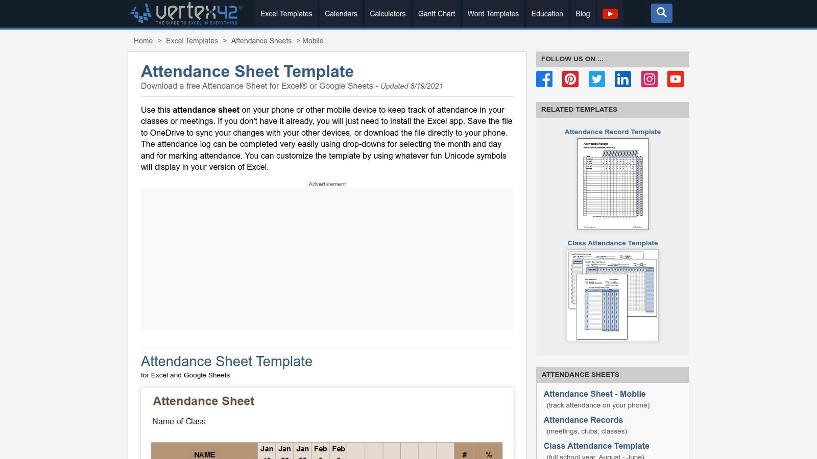 Vertex42 – Attendance Sheet Template (Excel/Google Sheets)