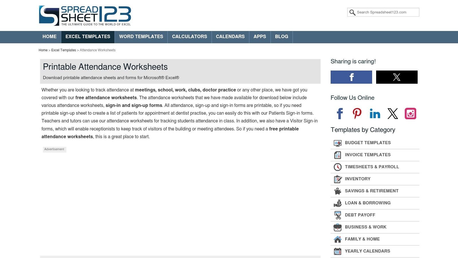 Spreadsheet123 – Printable Attendance Worksheets/Trackers (Excel)