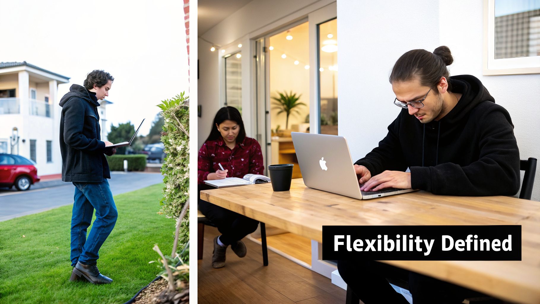 People working remotely, outdoors on a lawn and indoors at a table, highlighting flexible work.