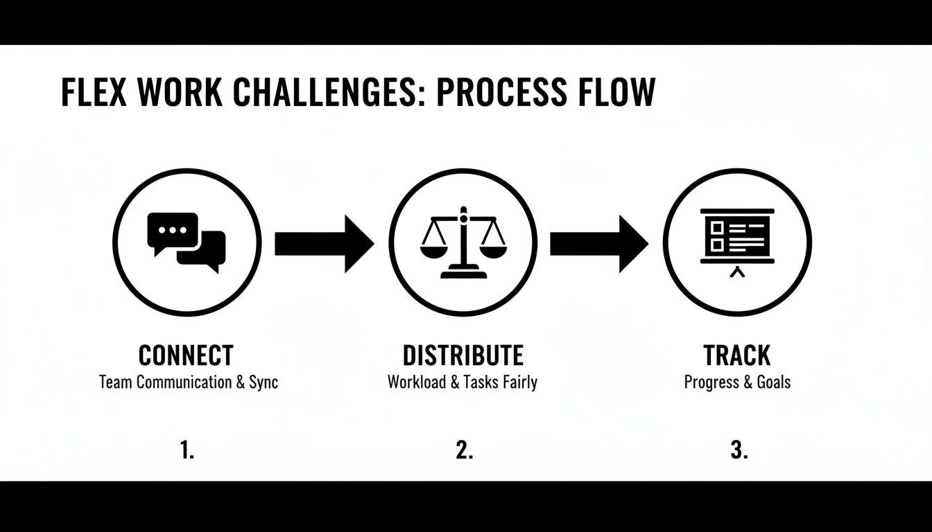 A process flow diagram illustrates flex work challenges: Connect, Distribute, and Track team communication, workload, and progress.