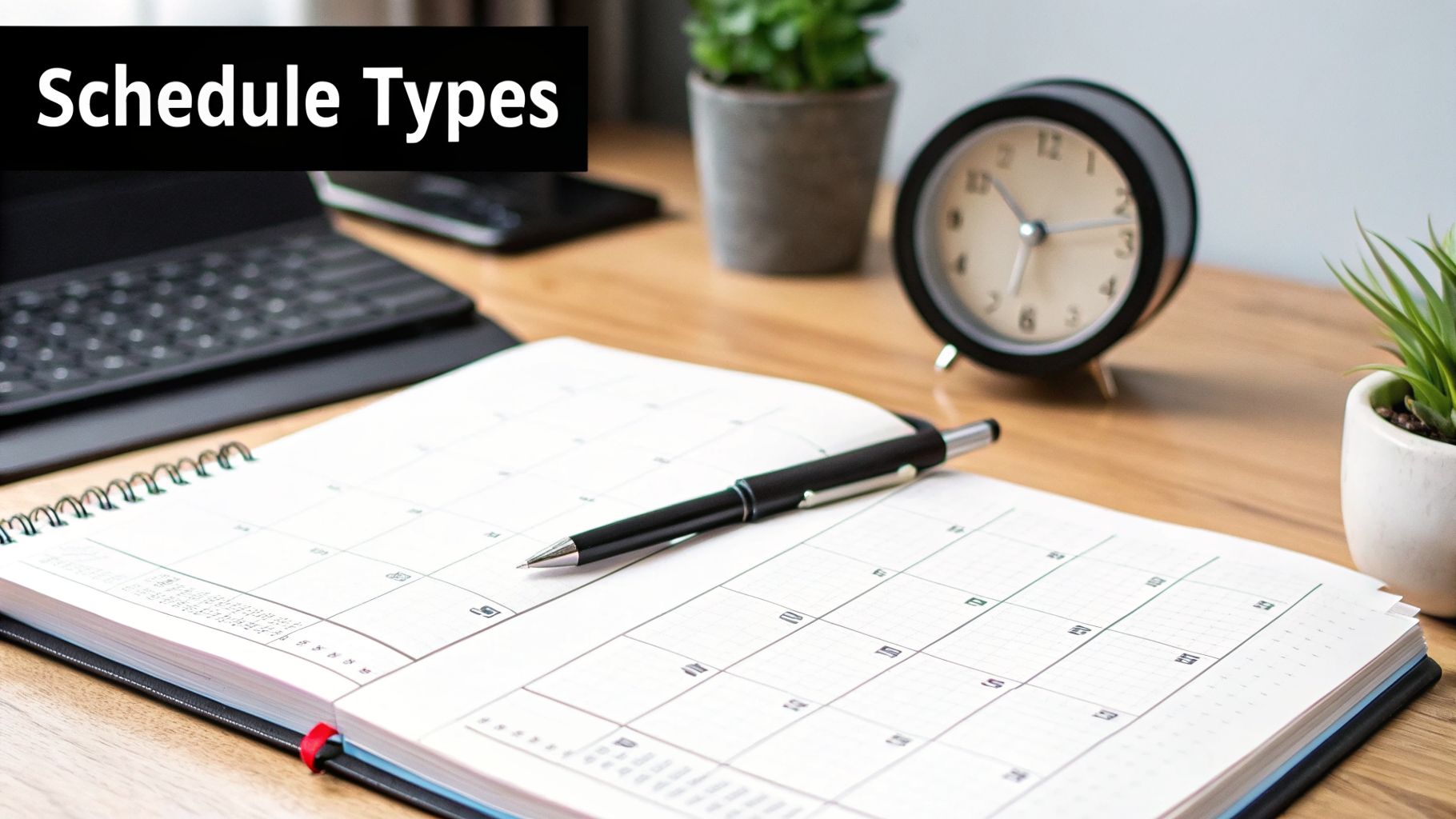 Desk setup with an open schedule planner, pen, laptop, alarm clock, and potted plants.