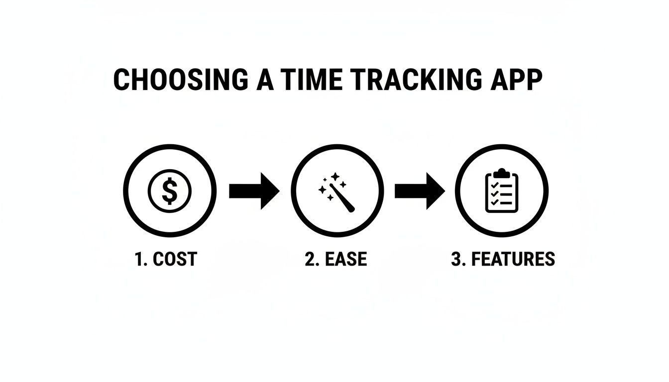 Flowchart illustrating three key steps for choosing a time tracking app: cost, ease, and features.