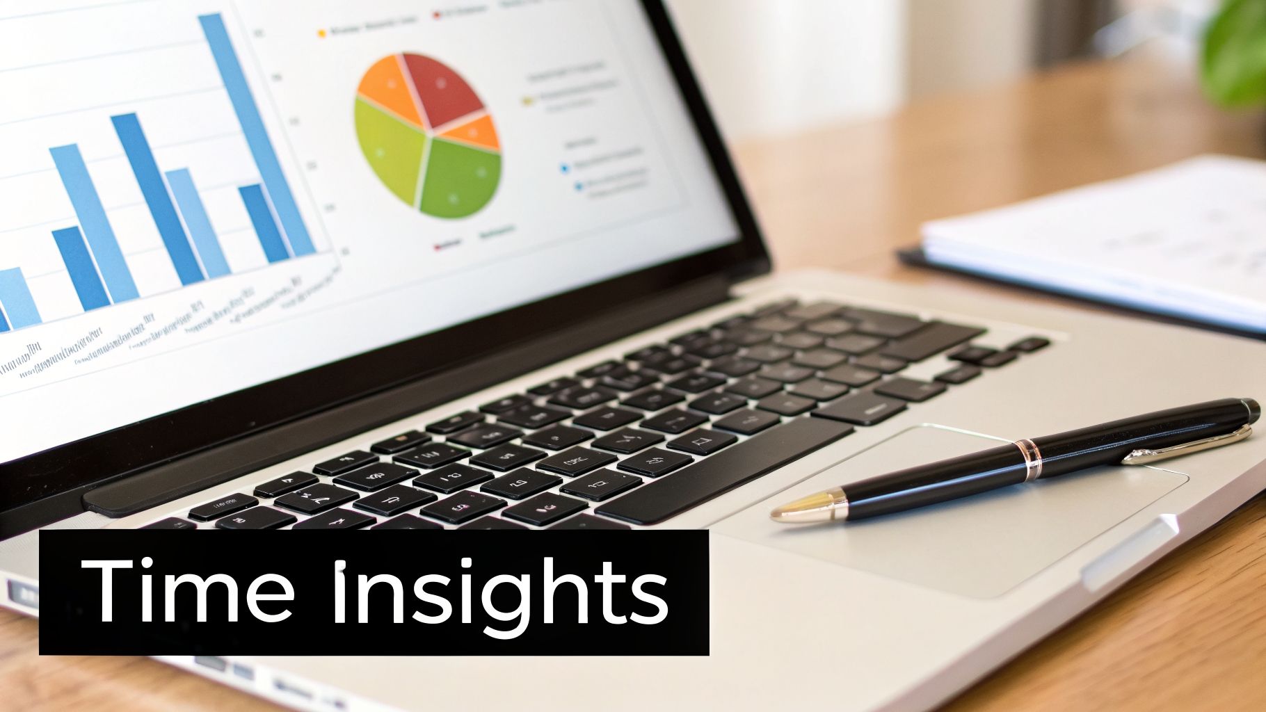 A laptop screen displaying business data analysis with bar graphs and a pie chart, next to a pen.
