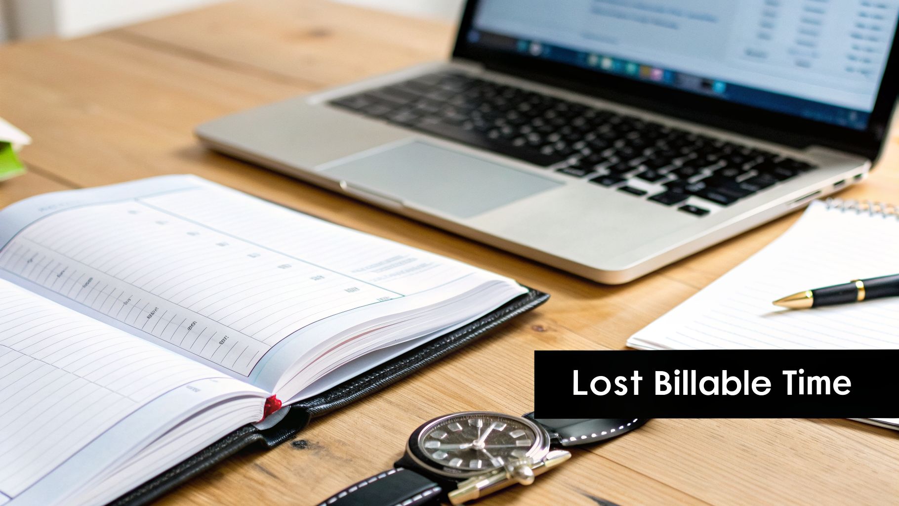 A professional workspace featuring a planner, laptop, notebook, pen, and watch on a wooden desk.