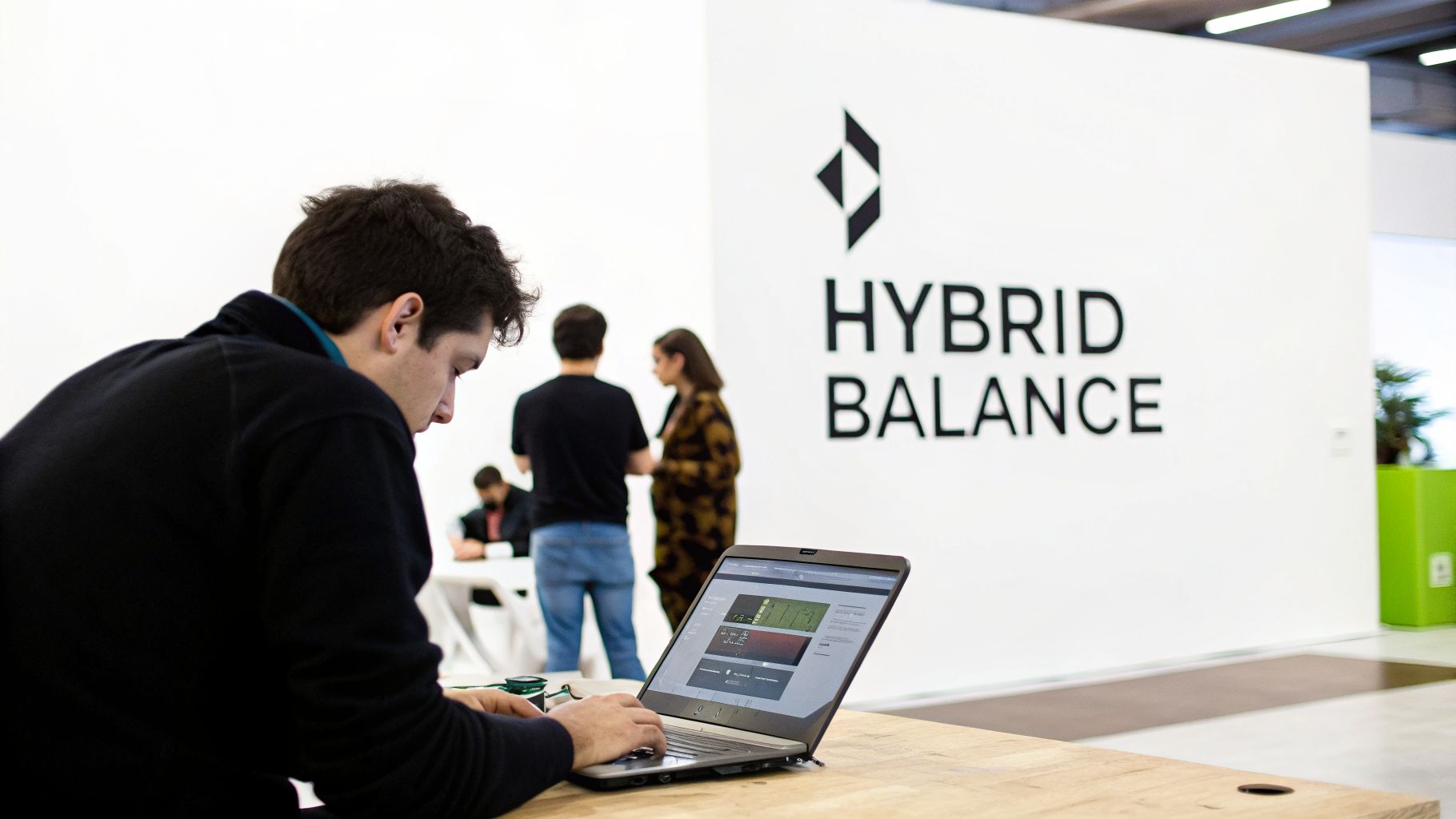 A person works on a laptop at a wooden desk, with a "HYBRID BALANCE" sign on a white wall in the background.