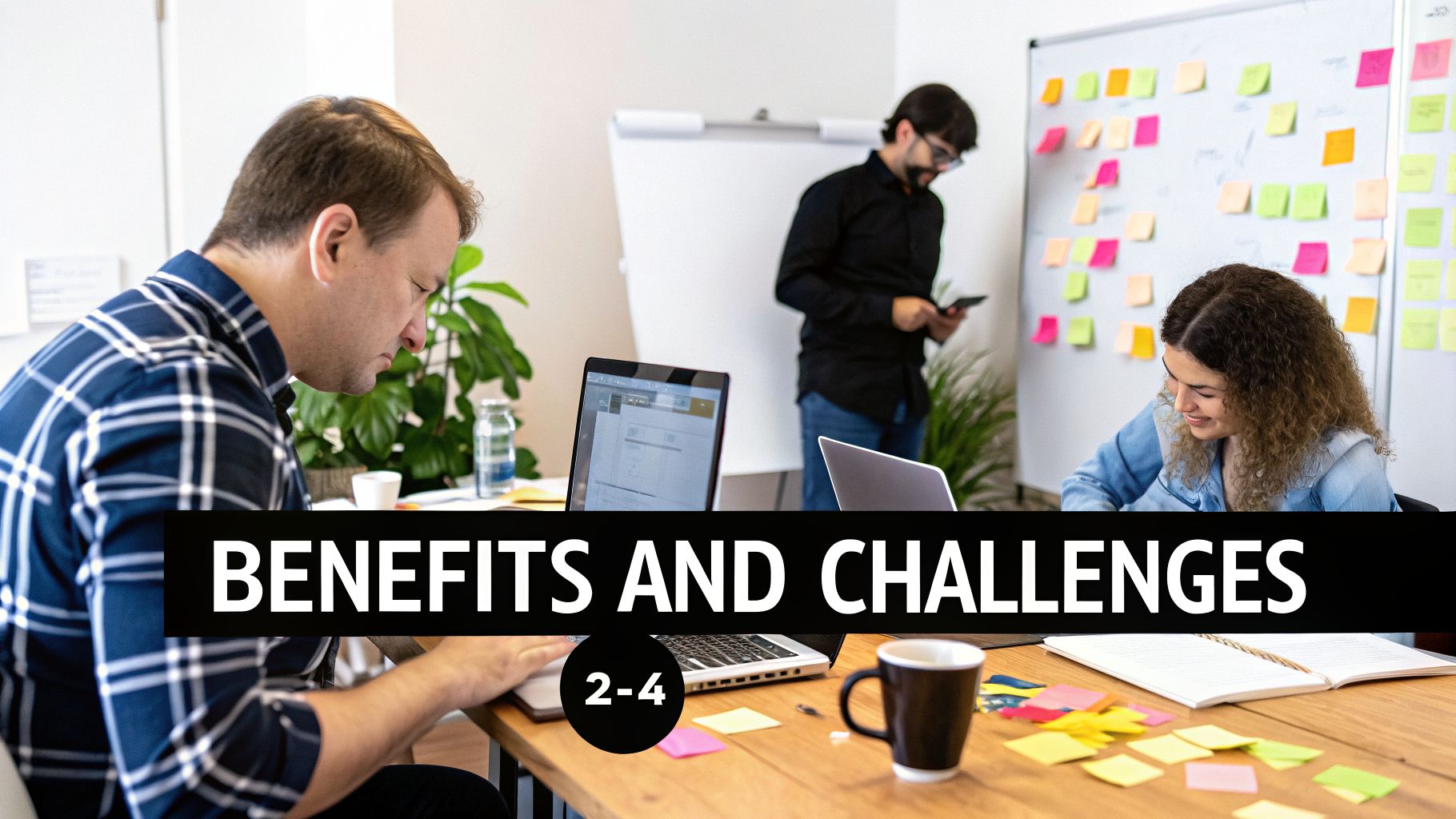 Three professionals collaborating in a modern office with laptops, sticky notes, and a 'BENEFITS AND CHALLENGES' banner.