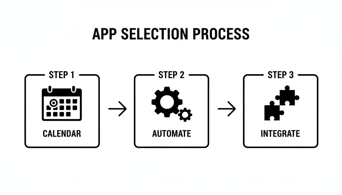 A three-step app selection process showing icons for calendar, automate, and integrate.
