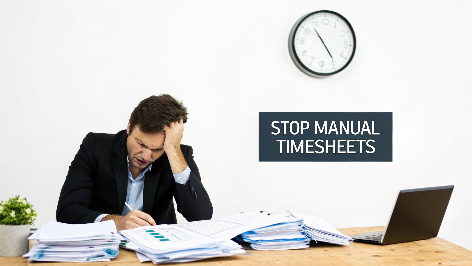 Overwhelmed businessman struggling with piles of paperwork and manual timesheets, next to a laptop.