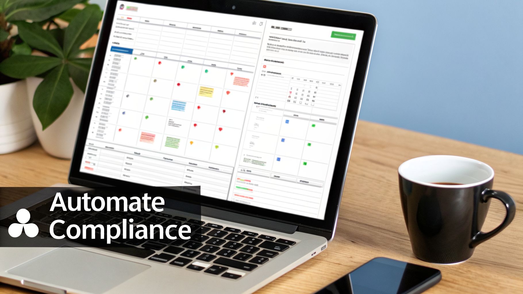 A laptop screen displays a digital dashboard for automating compliance tasks with a calendar view.