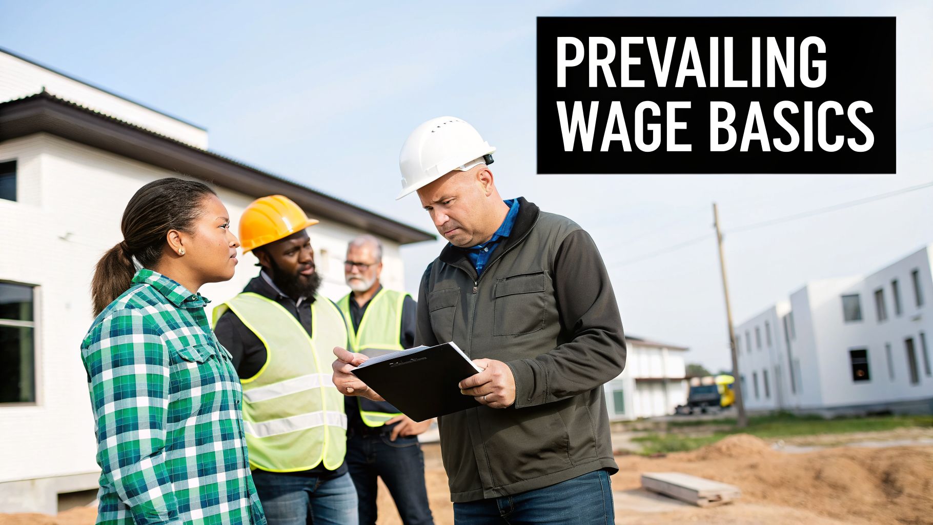 Construction workers discussing plans at a building site, with text 'PREVAILING WAGE BASICS'.