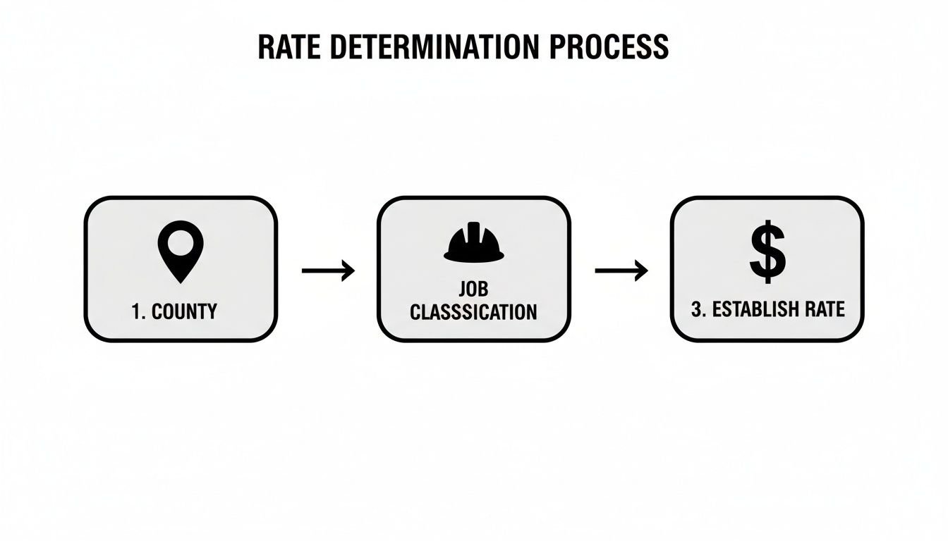 Flowchart illustrating the rate determination process, from county selection to job classification and rate establishment.