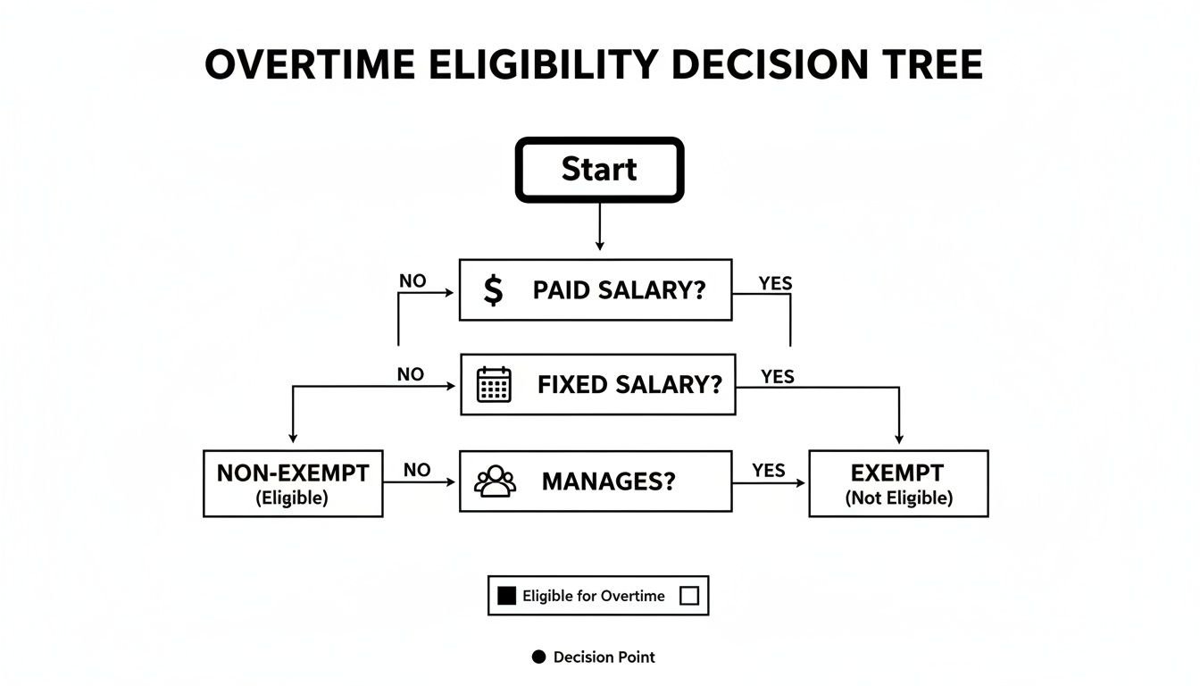 A decision tree flowchart explaining overtime eligibility based on salary type and management responsibilities.