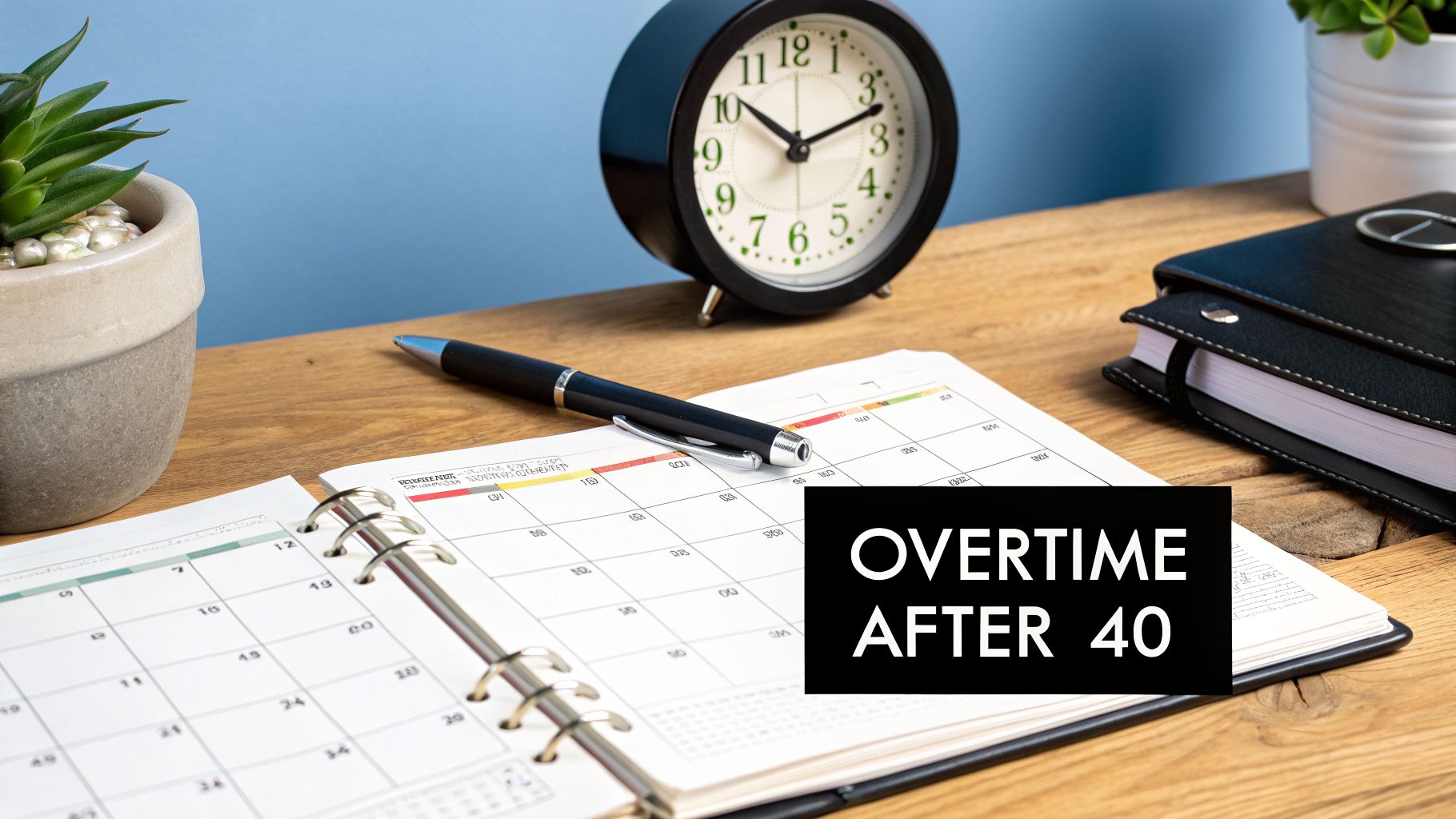 A planner open on a wooden desk with a pen, a clock, and a plant. Text reads 'OVERTIME AFTER 40'.