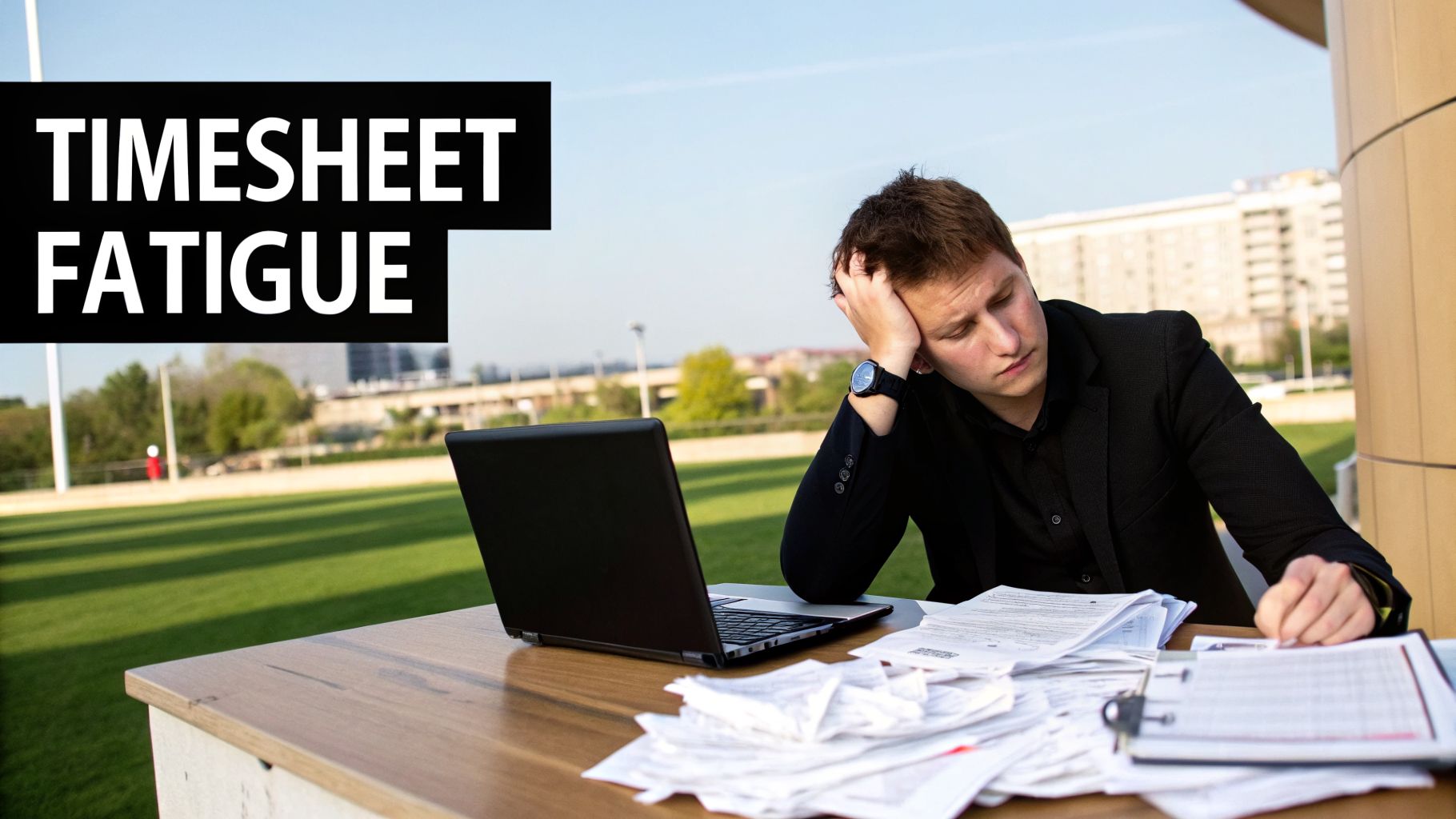 A fatigued man with a laptop and piles of timesheet papers, illustrating work exhaustion.