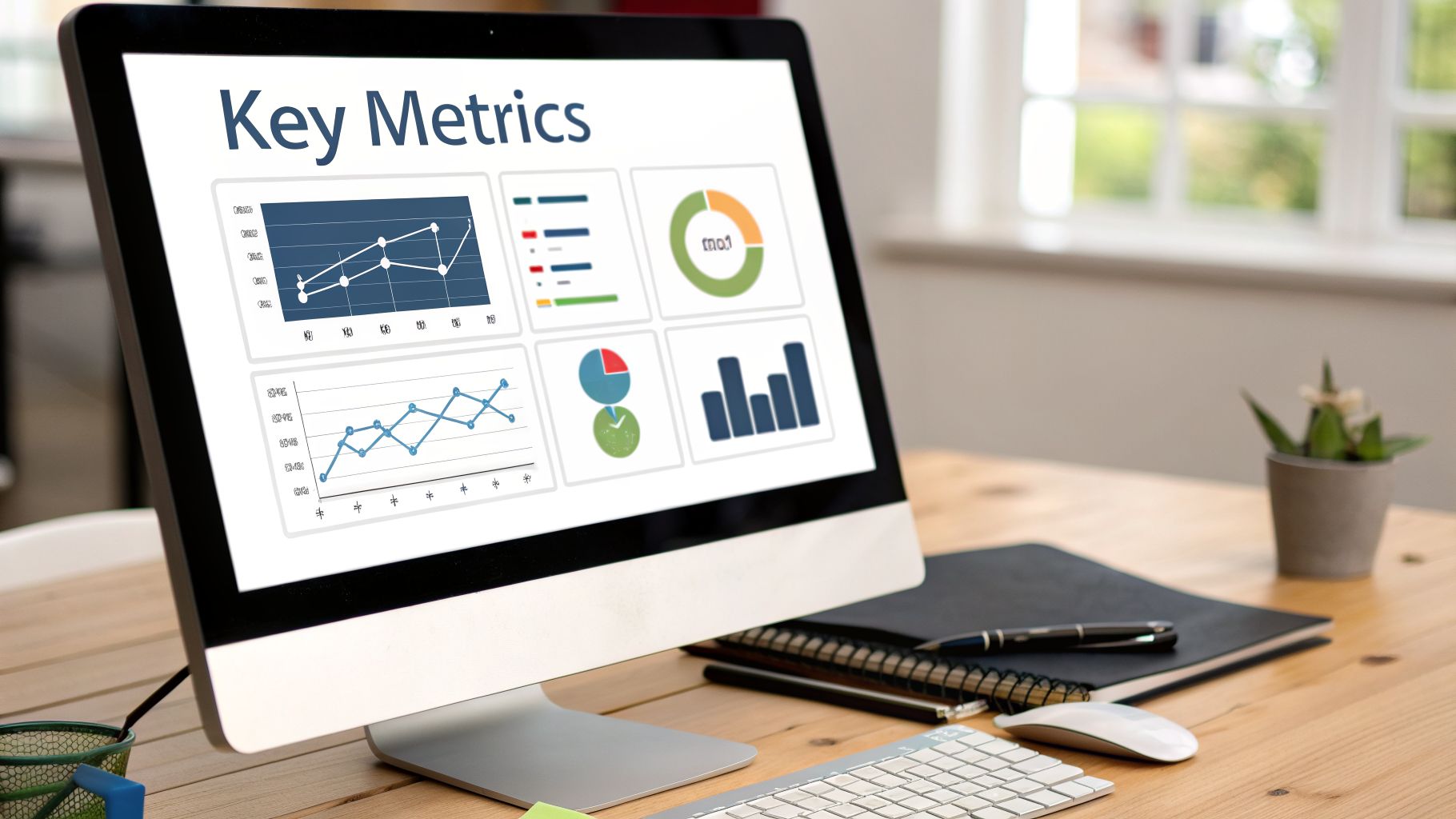 A desktop computer displaying a 'Key Metrics' dashboard with various business charts and graphs on an office desk.