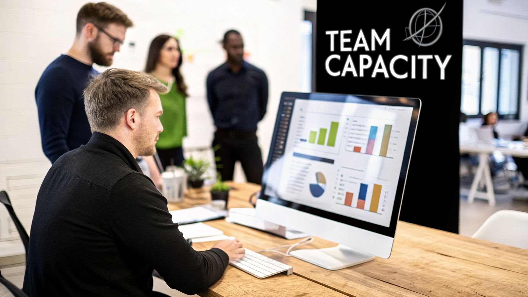 A team of colleagues collaborate in an office, with one person analyzing data on a computer screen.