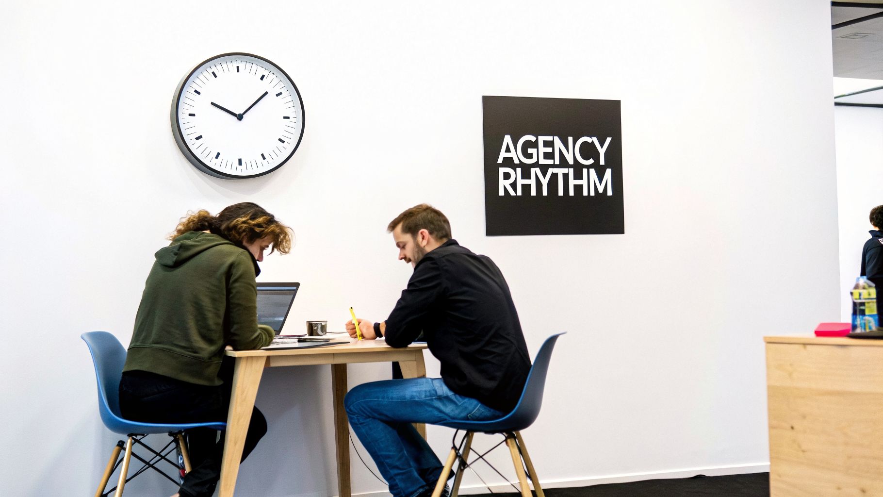 Two people focused on work at a desk in a modern office environment.