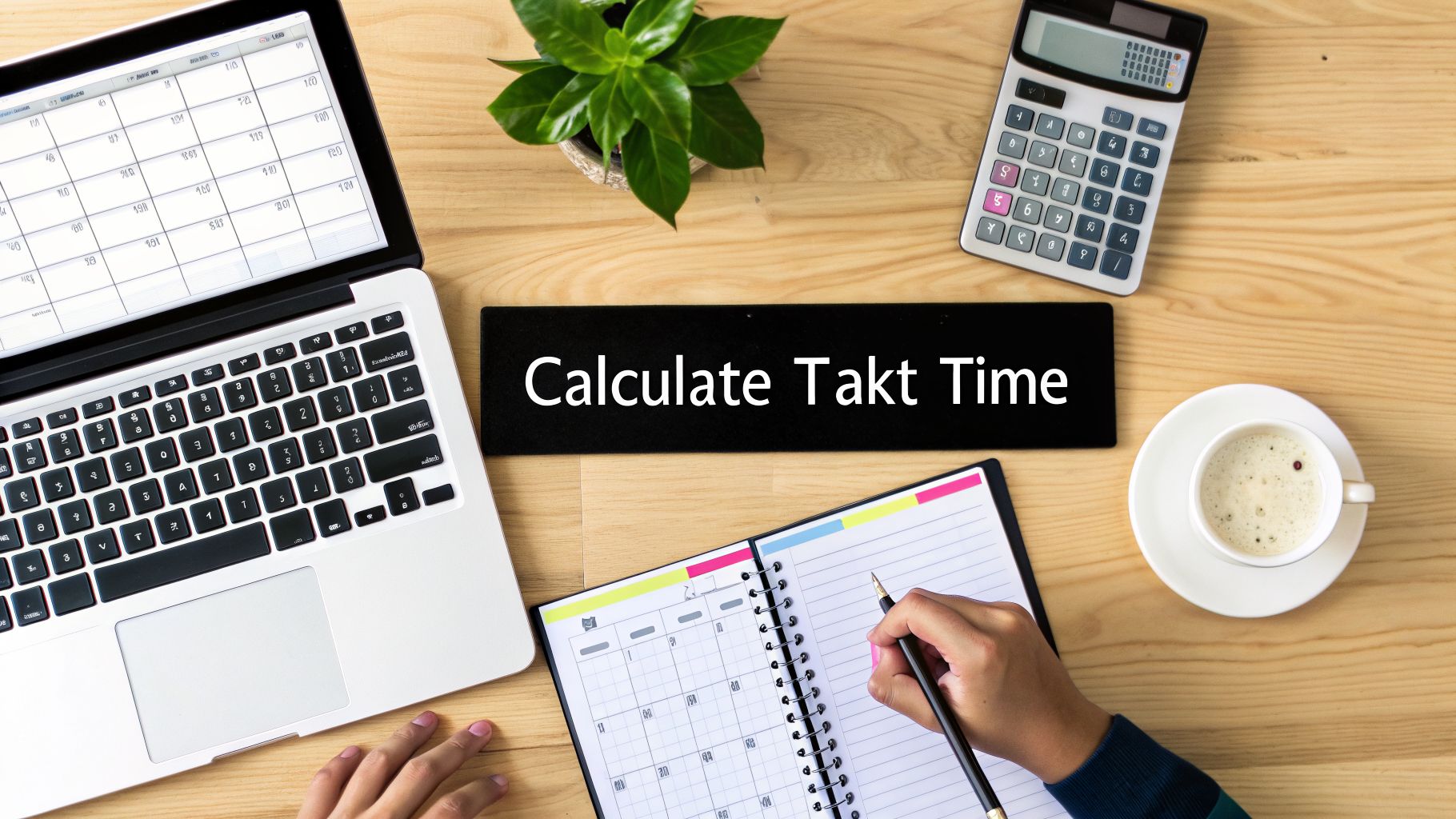 Workspace with laptop, calculator, coffee, and hands writing near 'Calculate Takt Time' sign.