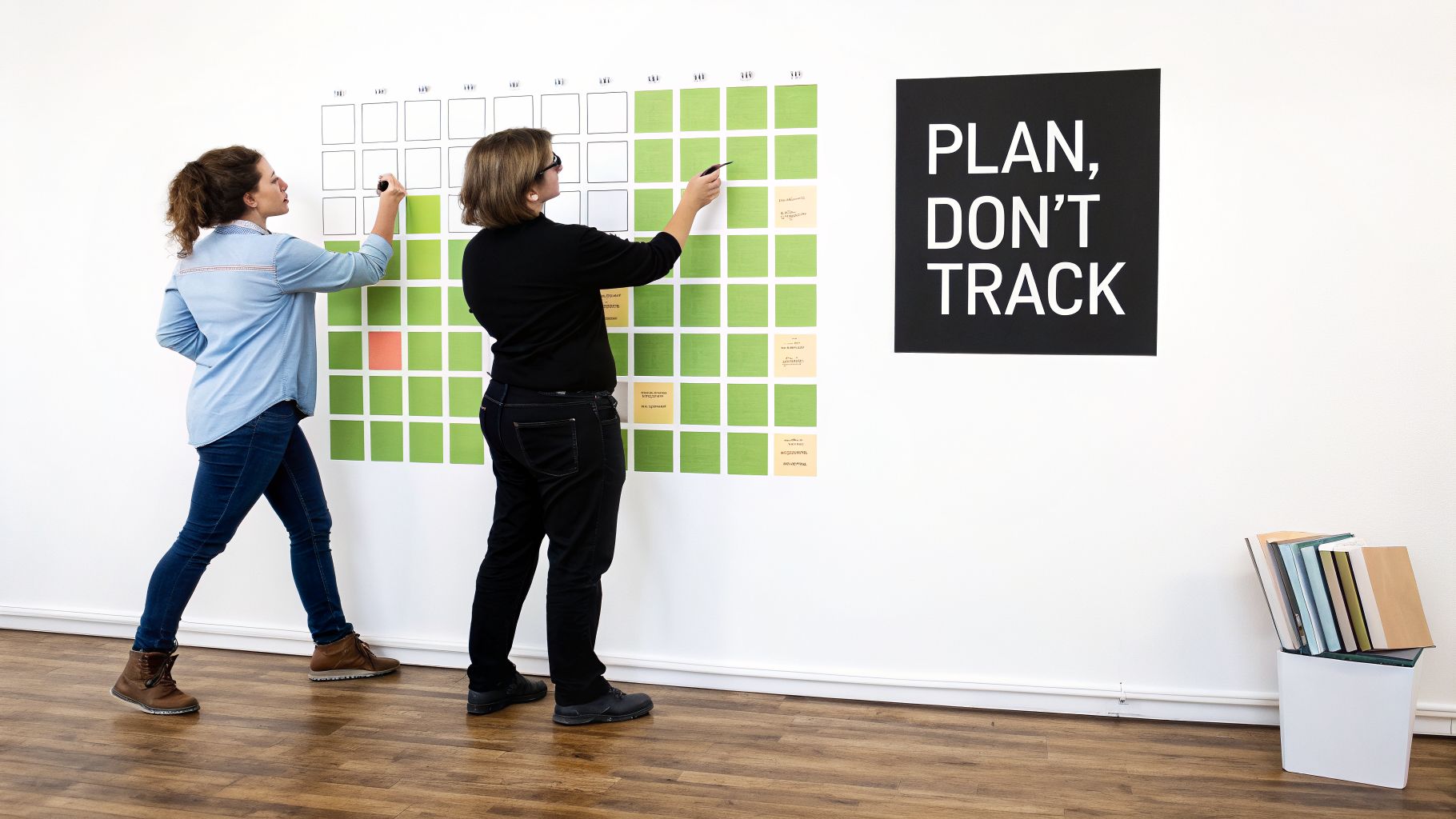 Two women actively marking a large wall calendar with green squares and sticky notes, planning tasks.