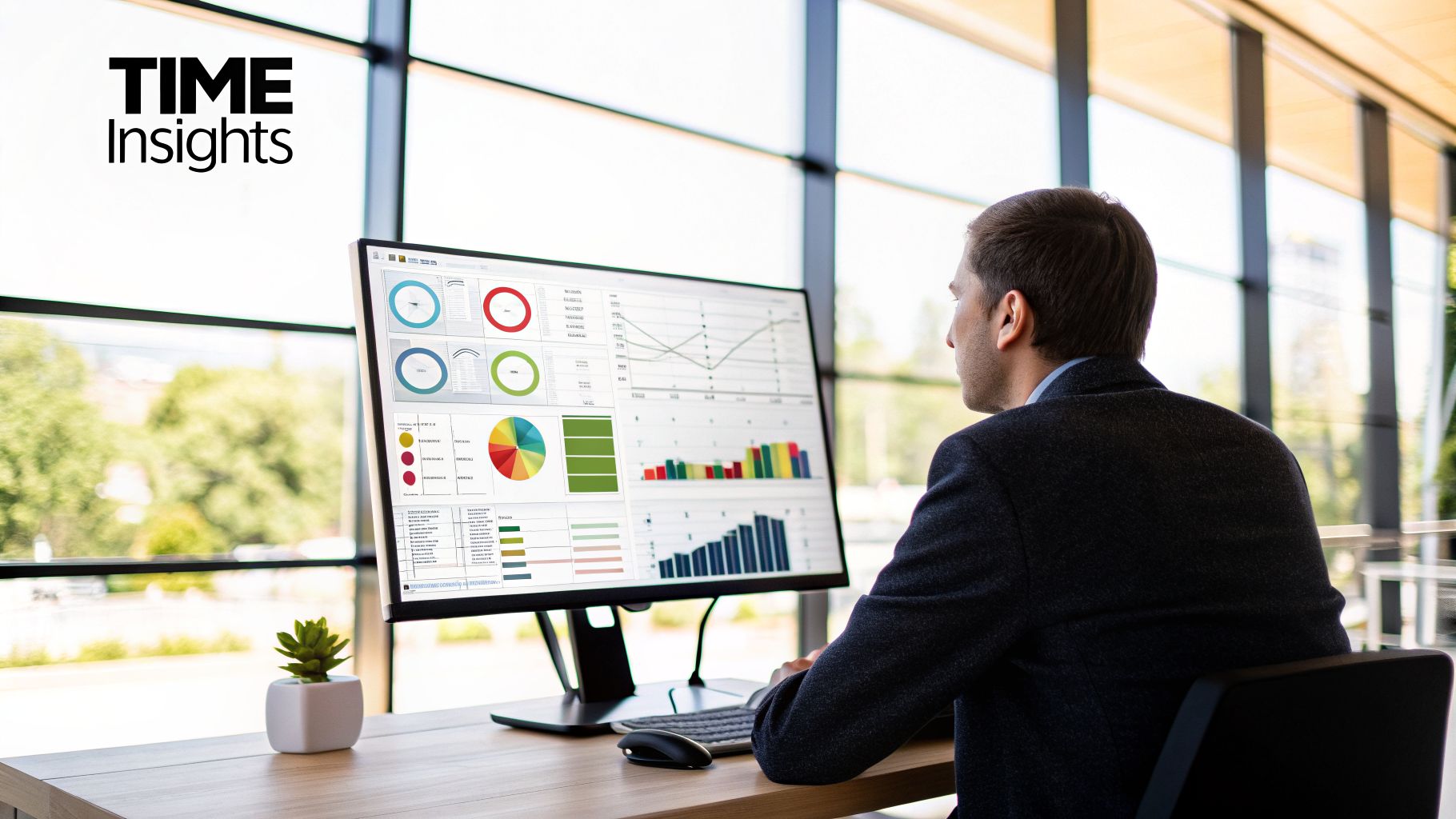 A businessman reviews charts and data visualizations on a computer monitor in a bright office.