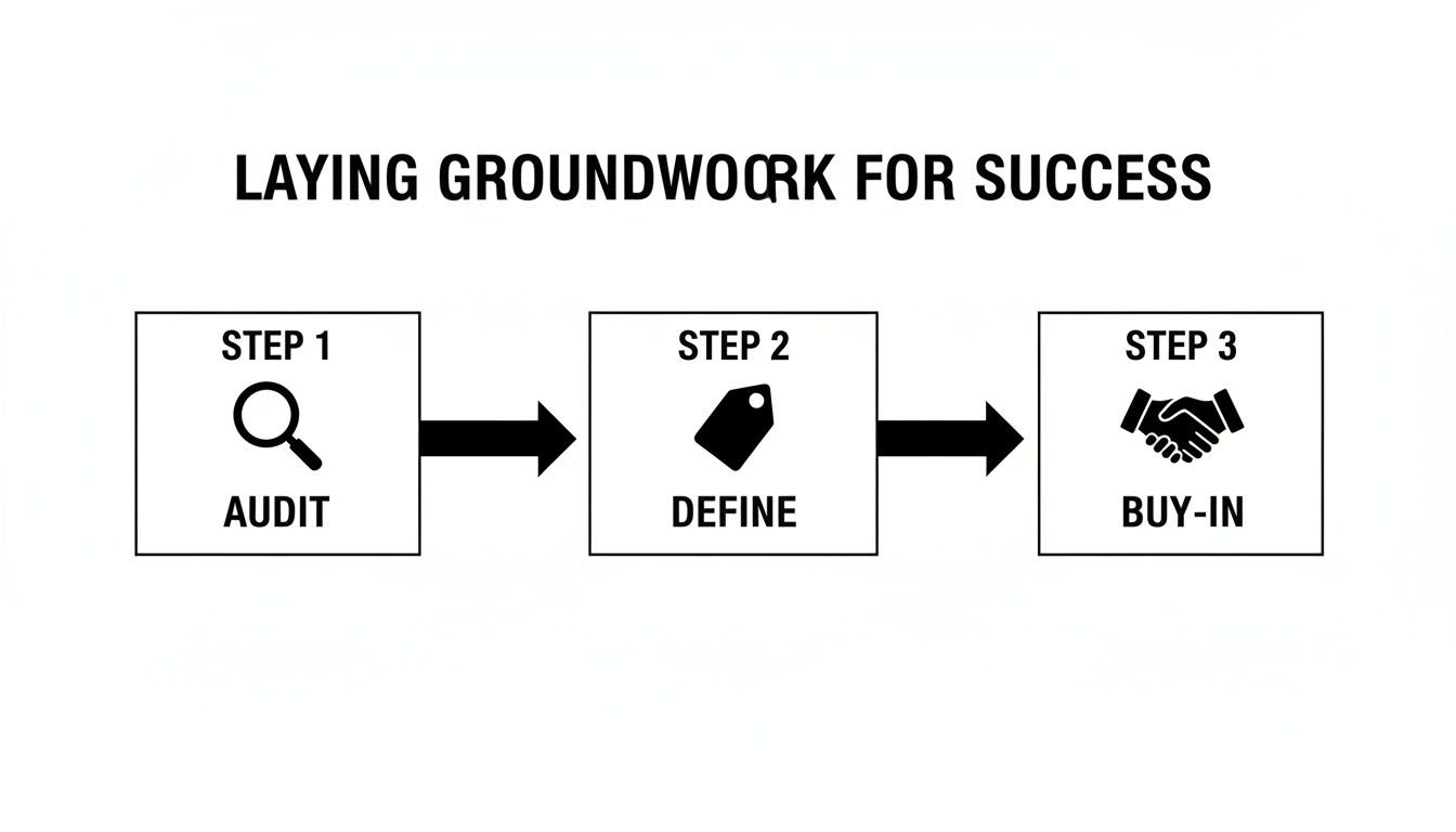 Flowchart detailing three steps: Audit, Define, Buy-in, for laying groundwork for success.