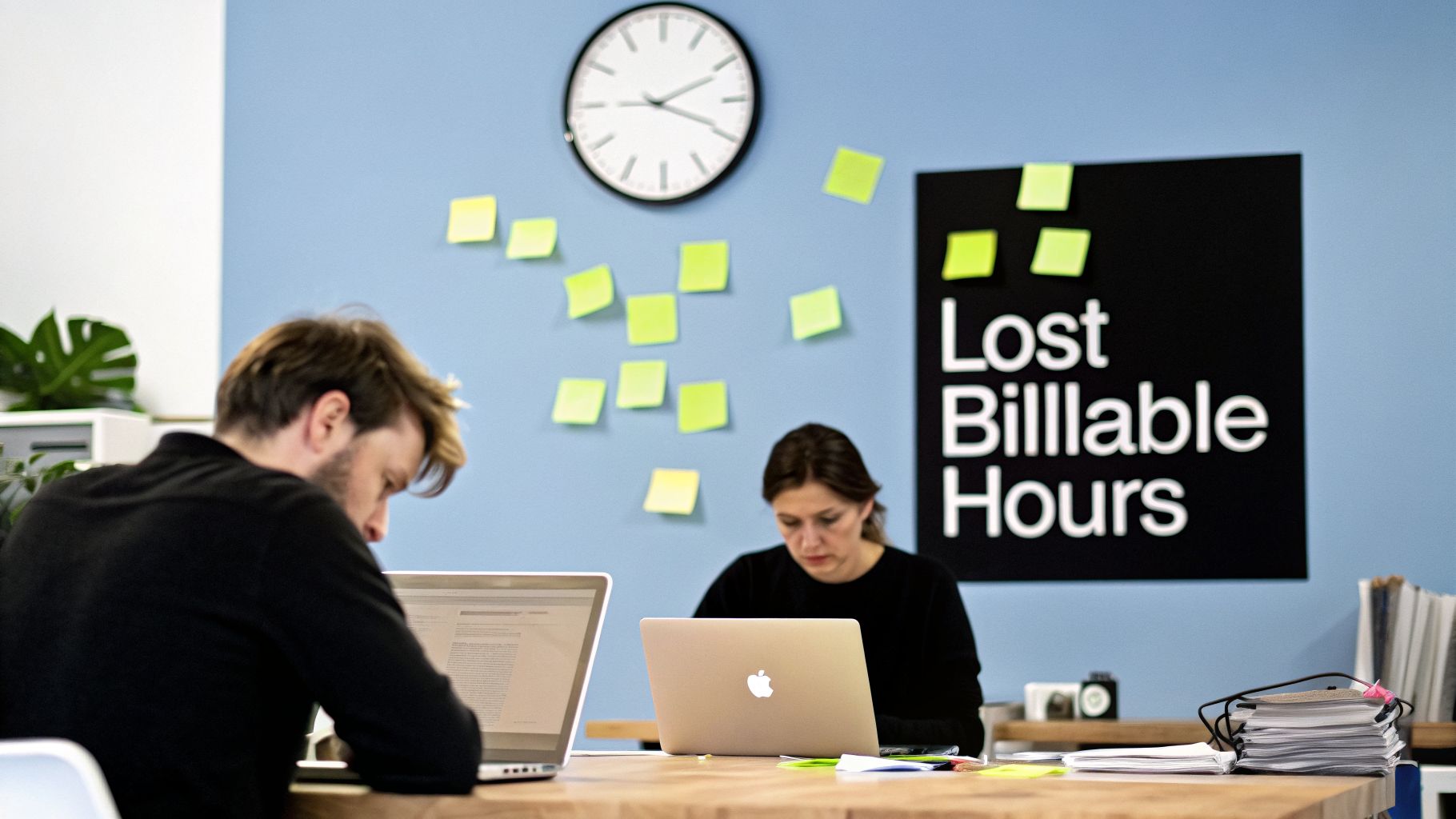 Two employees focus on laptops in a modern office with a 'Lost Billable Hours' sign on the wall.